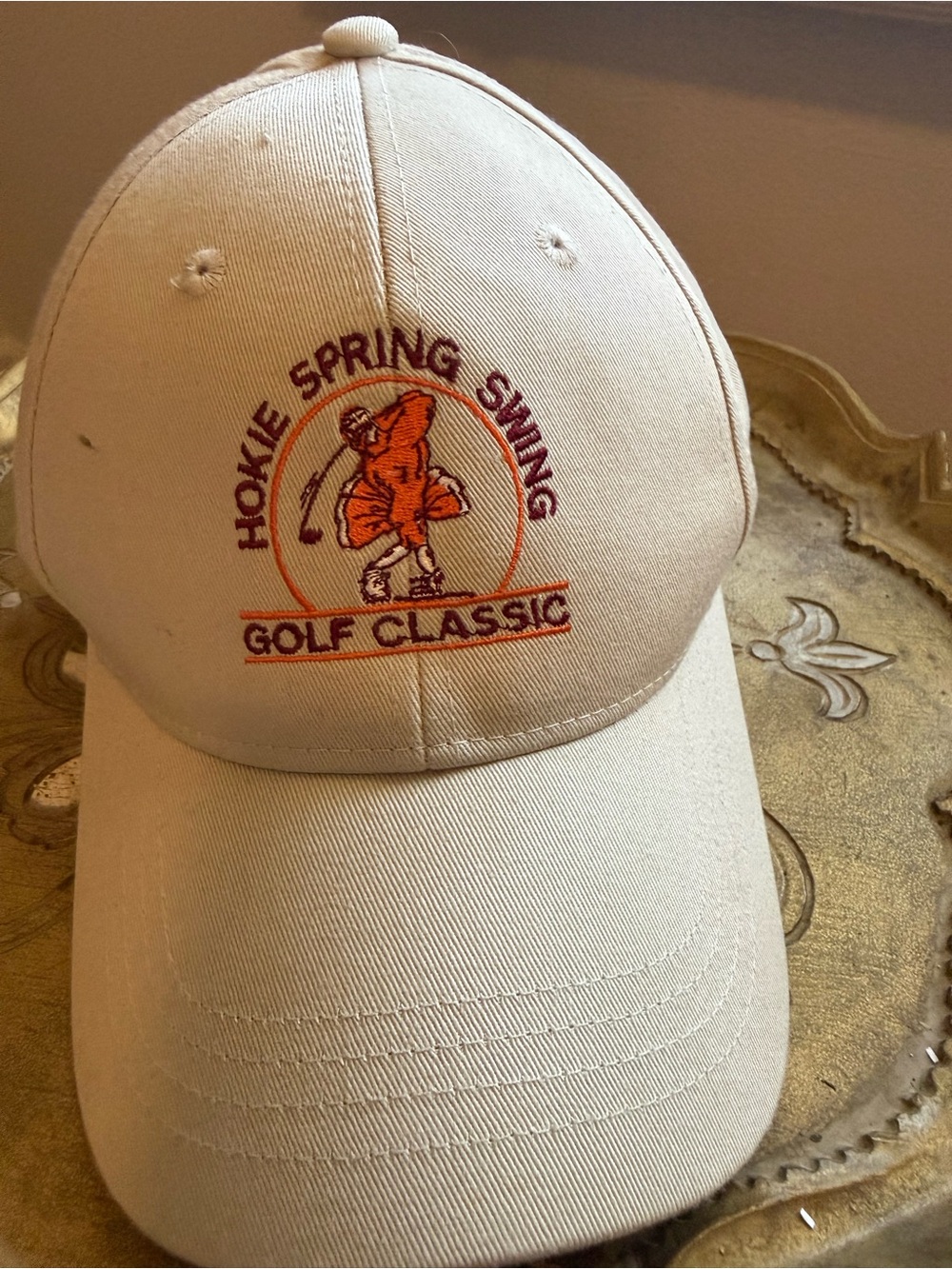 Va Tech Designs Cream Baseball Cap with Orange and Maroon Golf Embroidery